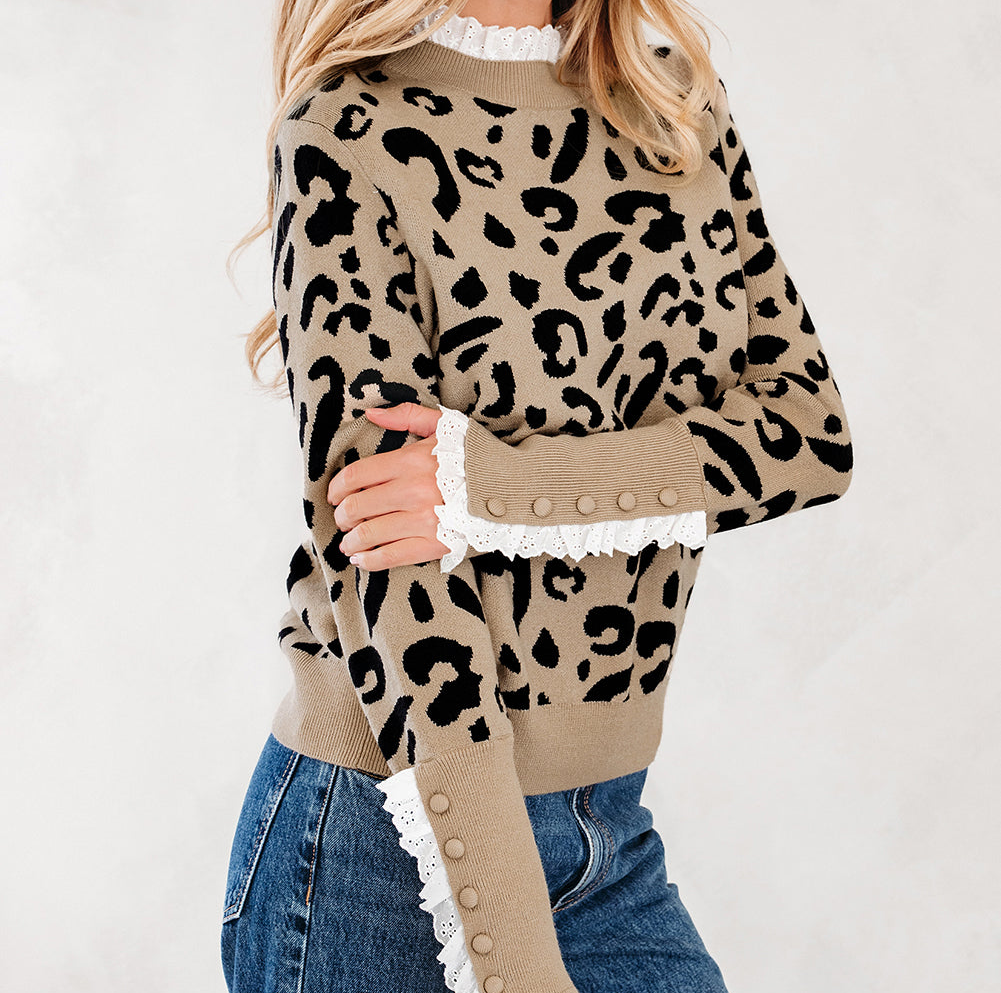 LaurenNichole Classy Brown Leopard Buttoned Down Ruffled Cuffed Sweater