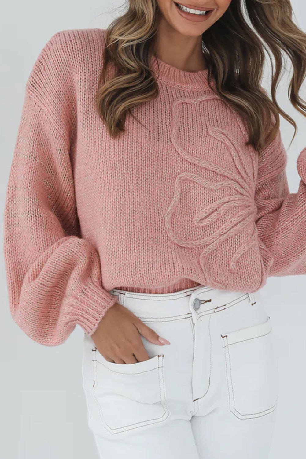 Cozy Flower Bishop Sleeve Knit Peach Sweater