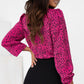 Rose Leopard Print Pleated Blouse with Keyhole