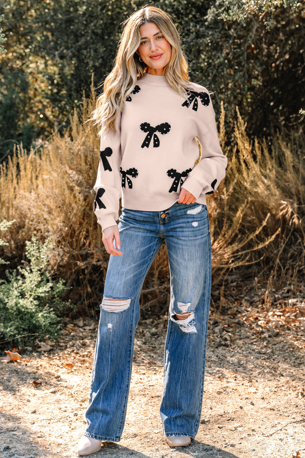 Classic Pearl Embellished Bow Knit Sweater