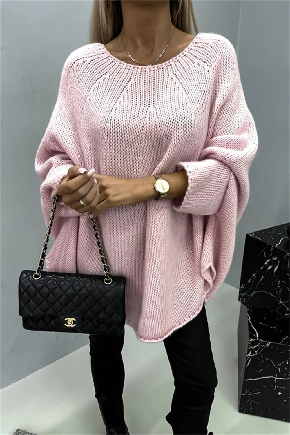 Elegant Round Neck Poncho Long Sleeve Sweater