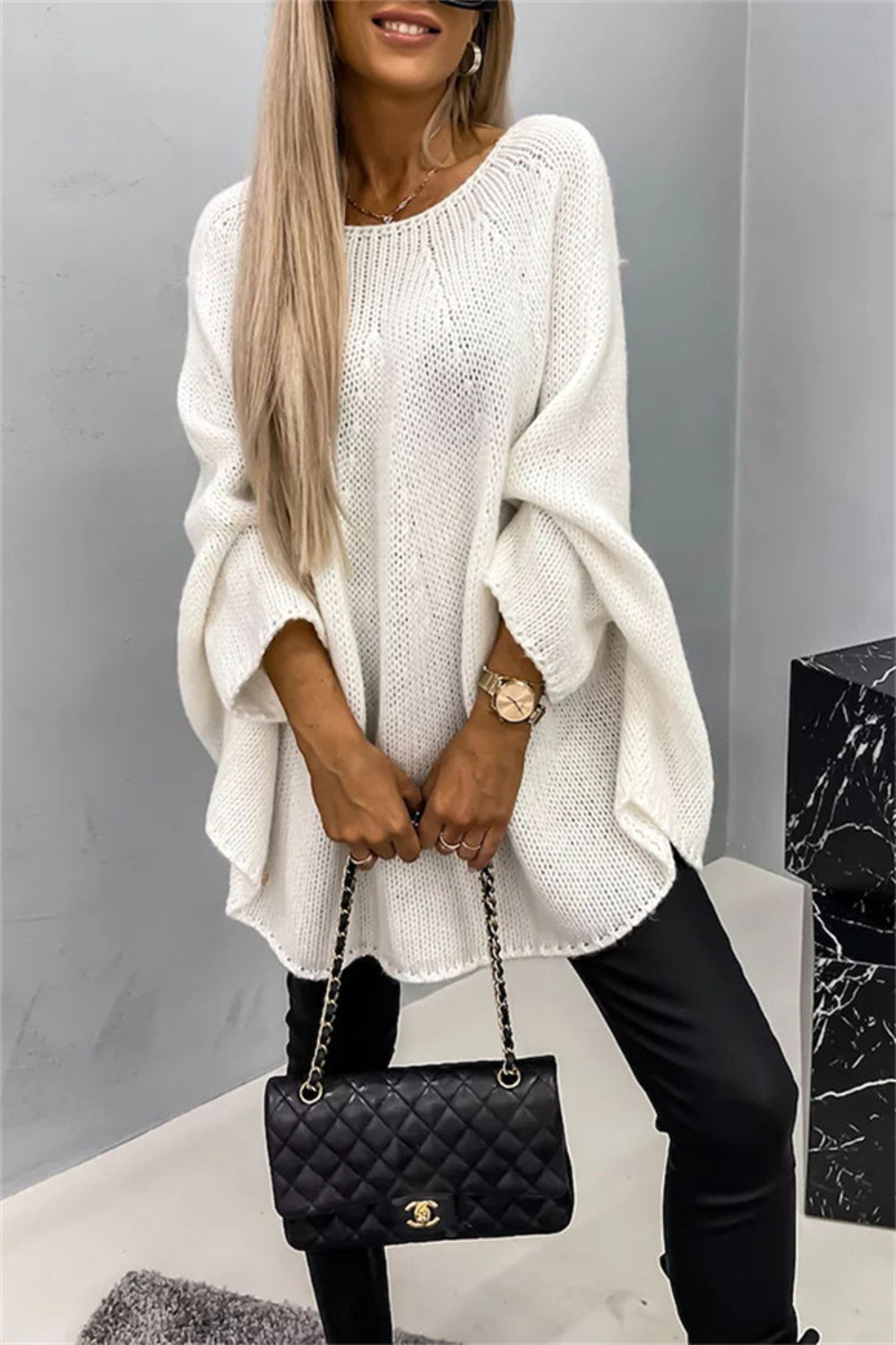 Elegant Round Neck Poncho Long Sleeve Sweater