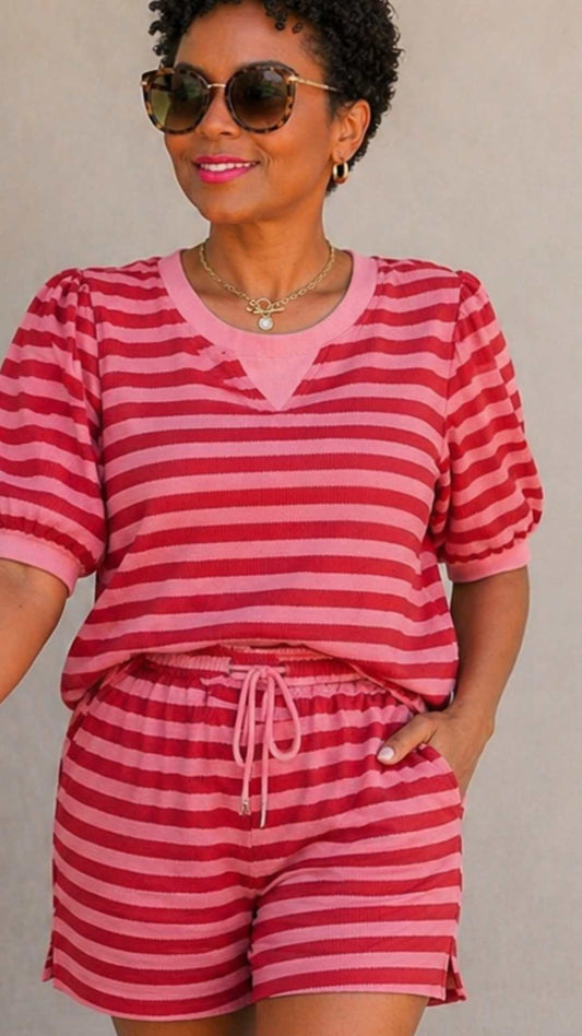 LaurenNichole Daydream Stripe Puff Sleeve Lounge Outfit – Effortless Outfits Size S - 2X