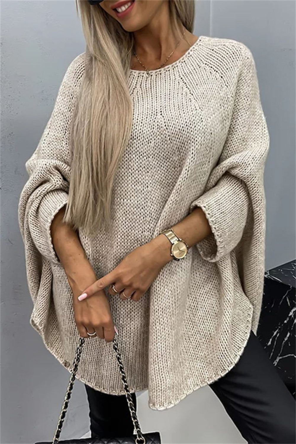 Elegant Round Neck Poncho Long Sleeve Sweater