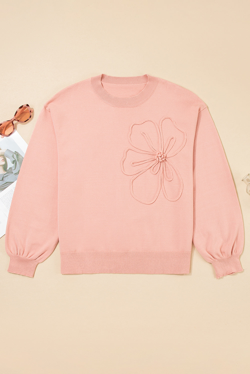 Cozy Flower Bishop Sleeve Knit Peach Sweater