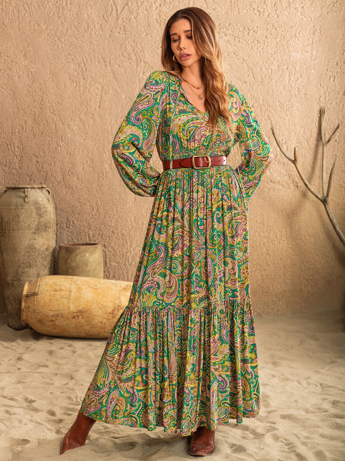 Elegant Paisley Tie Neck Long Sleeve Dress