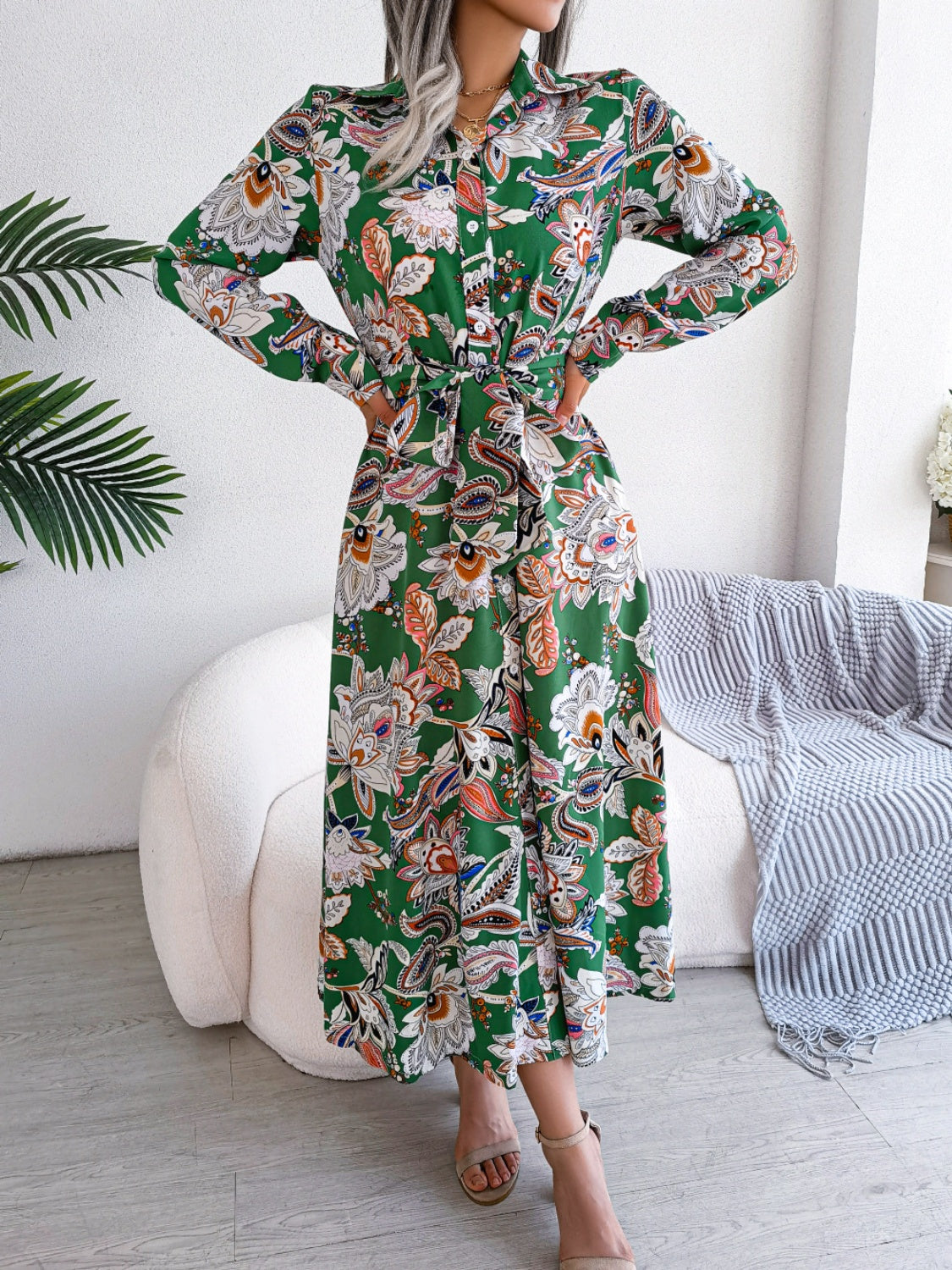 Classic Floral Tie Waist Midi Dress in 3 Colors