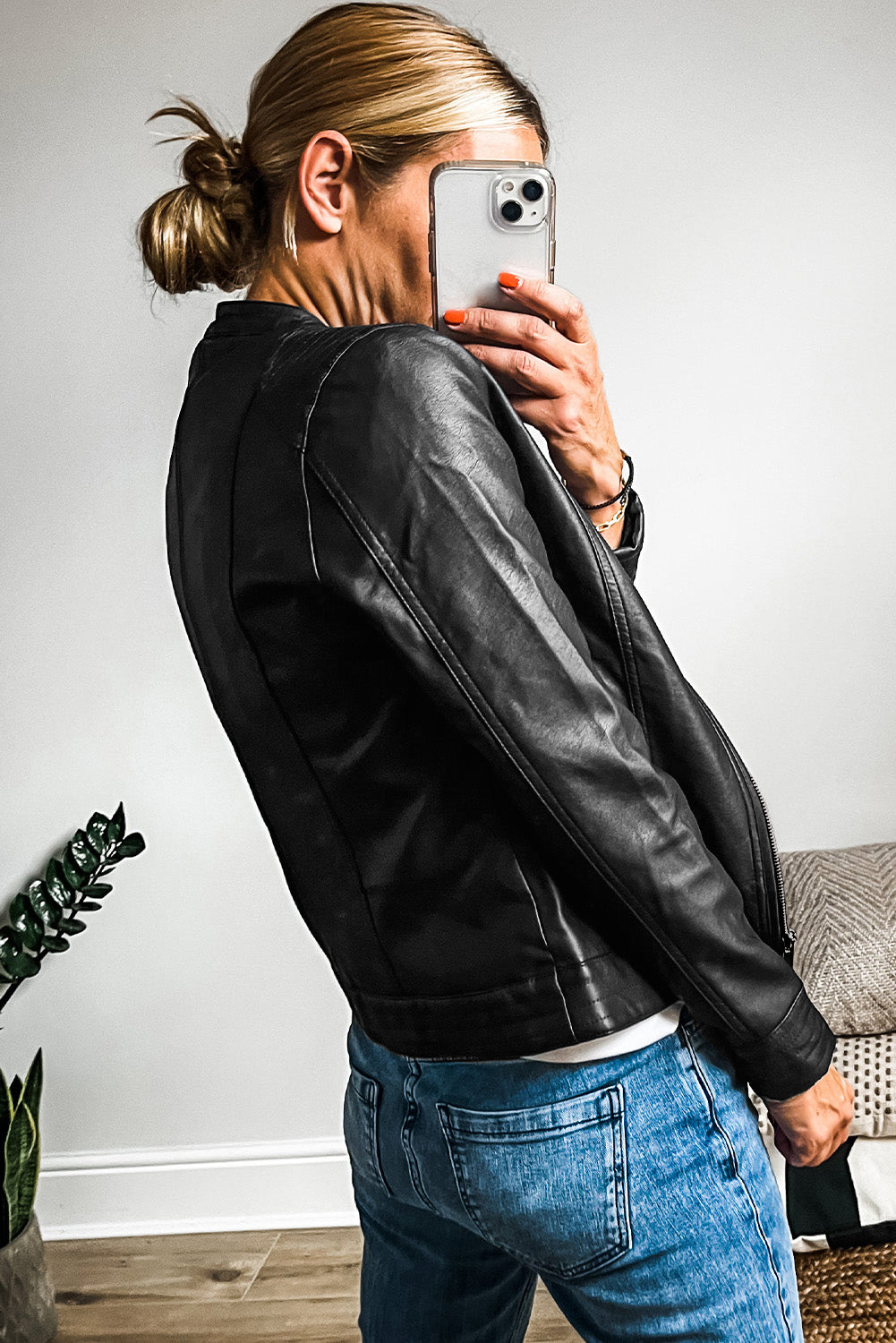 Classic Vegan Leather Zip Up Slim Fit Bomber Jacket in 2 Colors