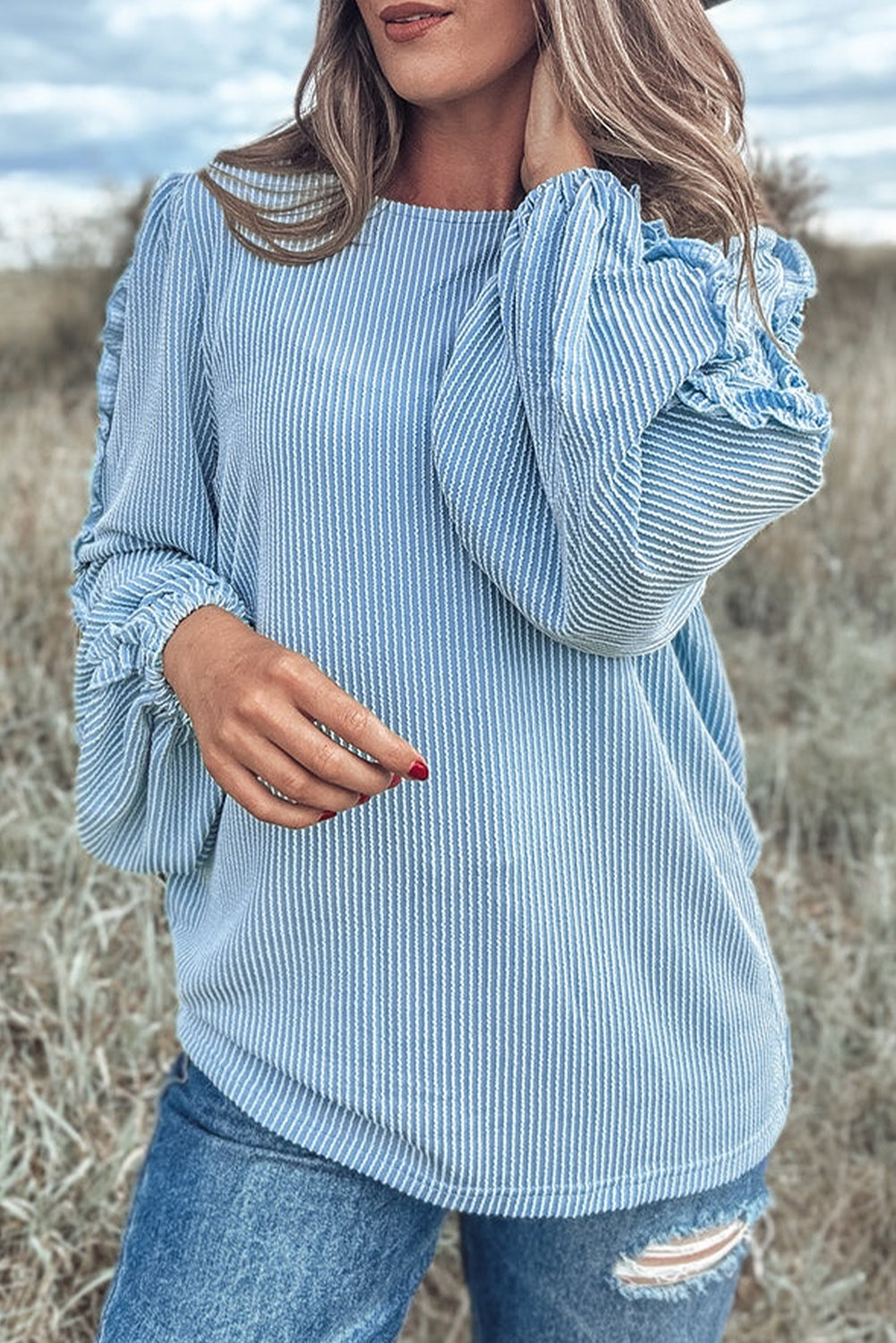 Luxurious Mist Blue Corded Small Ruffles Puff Sleeve Blouse