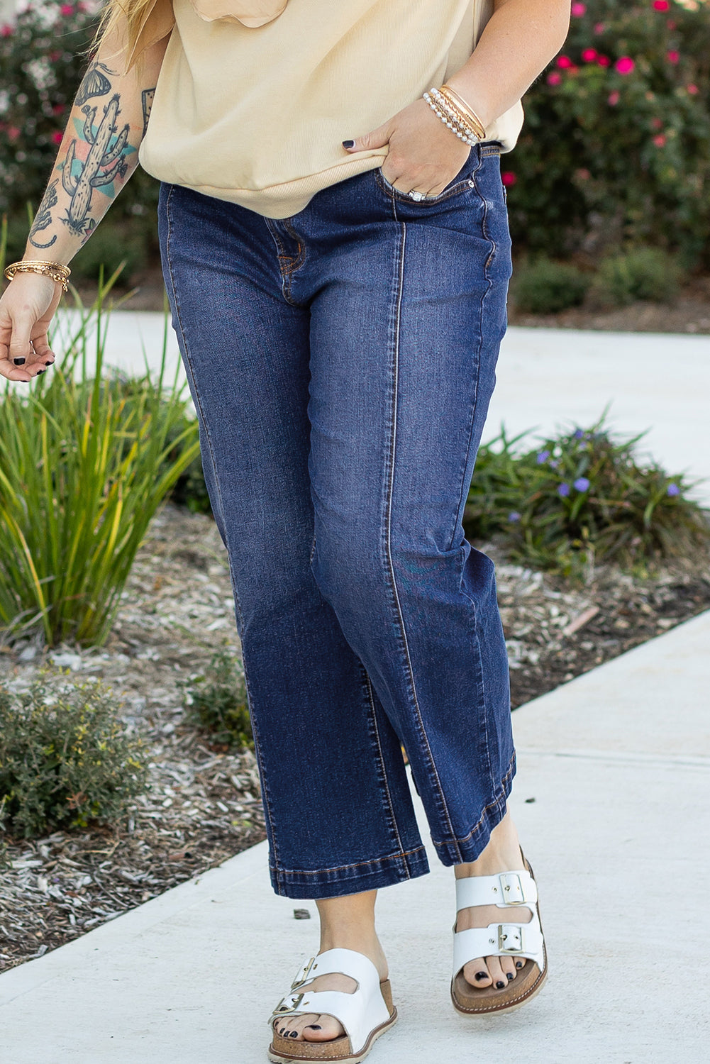 Navy Blue Tailored Wide Leg High Waist Jeans (up to 2X)