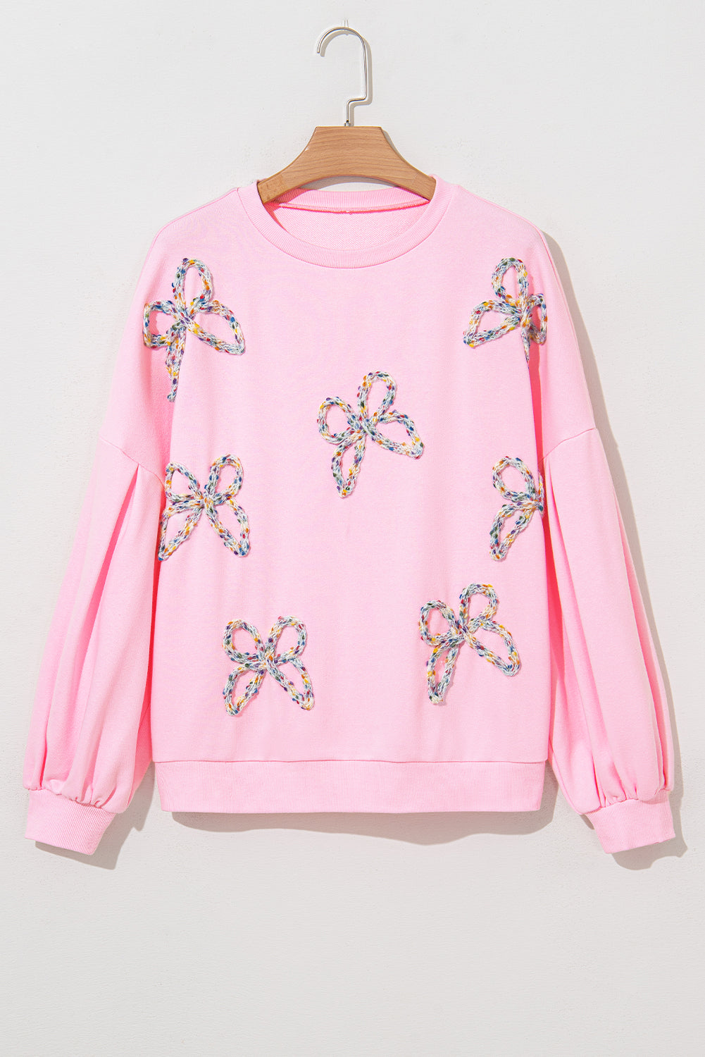 Embroidered Bow Lantern Sleeve Sweatshirt in 2 Colors (S - 3X)