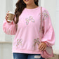 Embroidered Bow Lantern Sleeve Sweatshirt in 2 Colors (S - 3X)