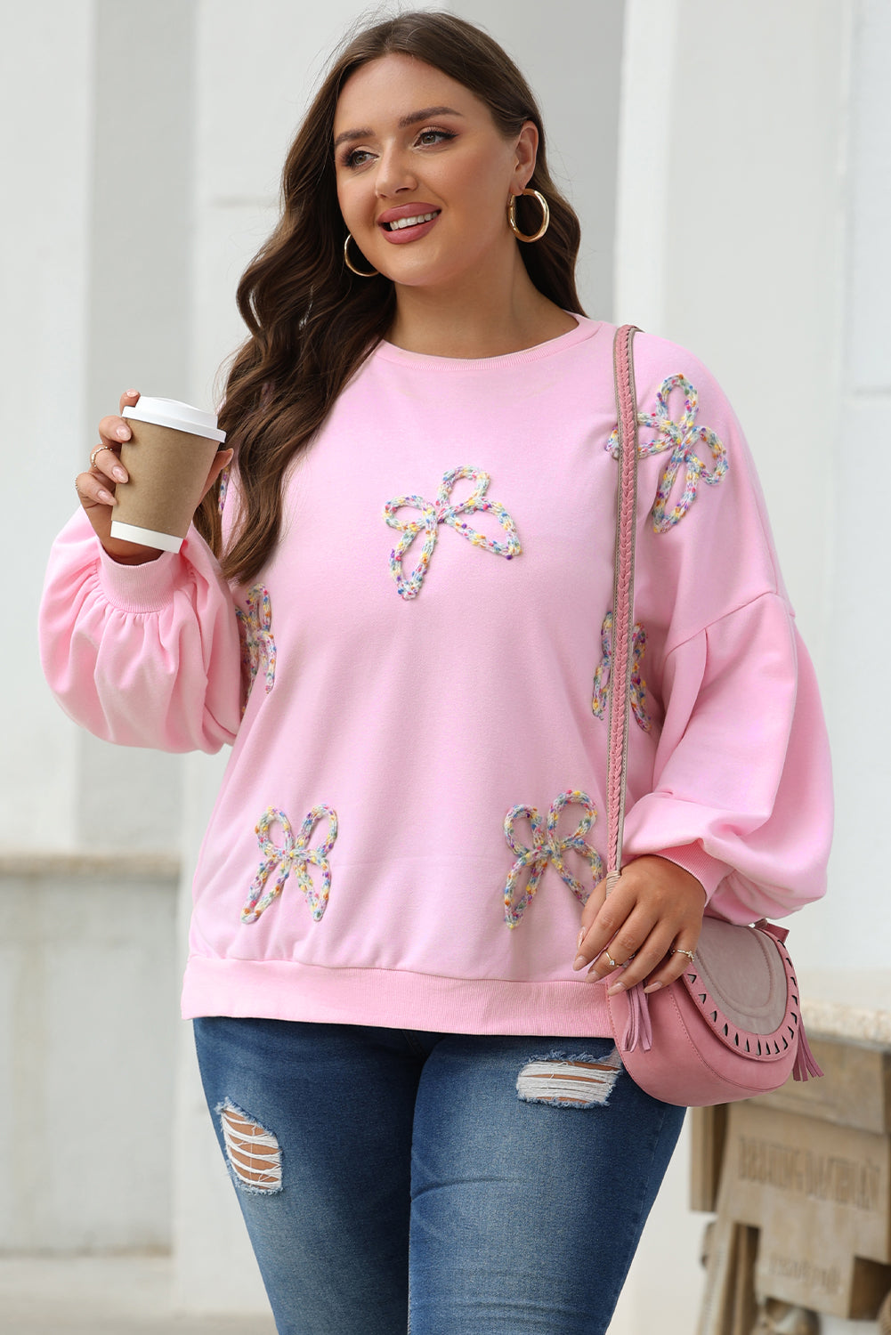 Embroidered Bow Lantern Sleeve Sweatshirt in 2 Colors (S - 3X)