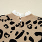 Brown Leopard Pattern Lace Ribbed Detail Button Cuffed Sweater