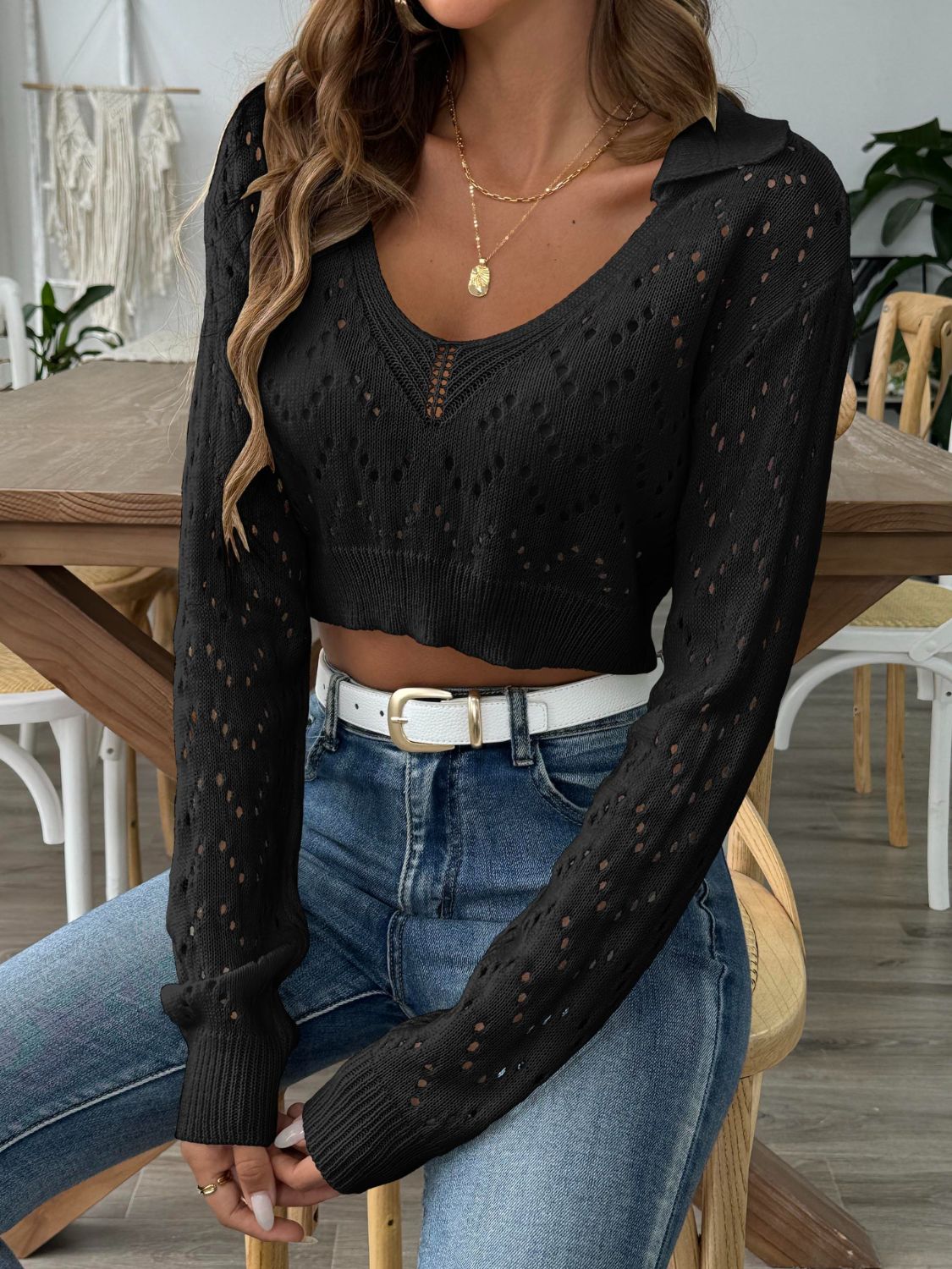 Chic Cropped Openwork Collared Sweater 2 Colors