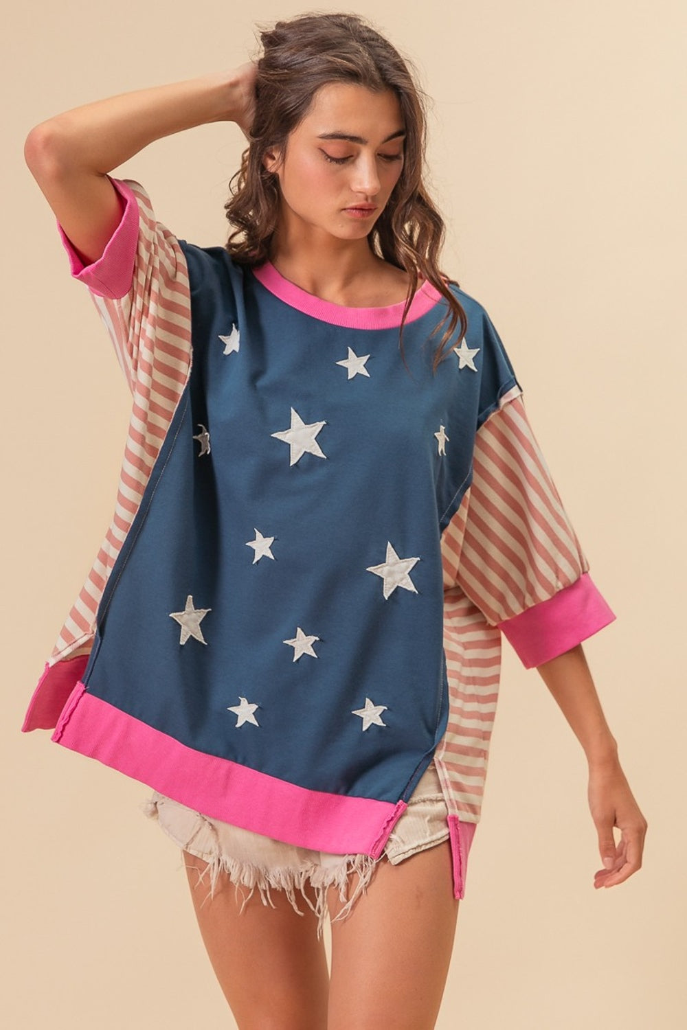 US Flag Color Block Star Patch T-Shirt