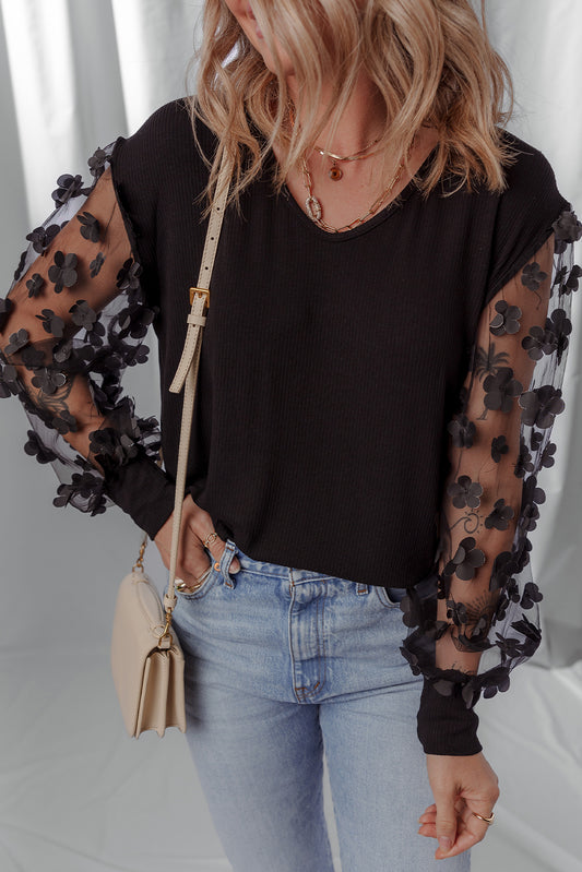 Black Floral Applique Mesh Long Sleeve V Neck Blouse