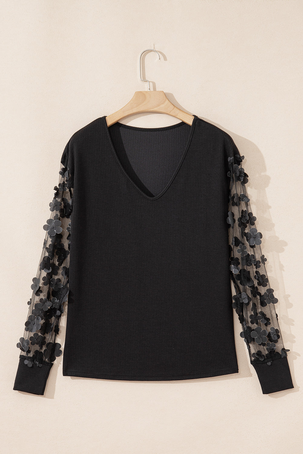 Black Floral Applique Mesh Long Sleeve V Neck Blouse