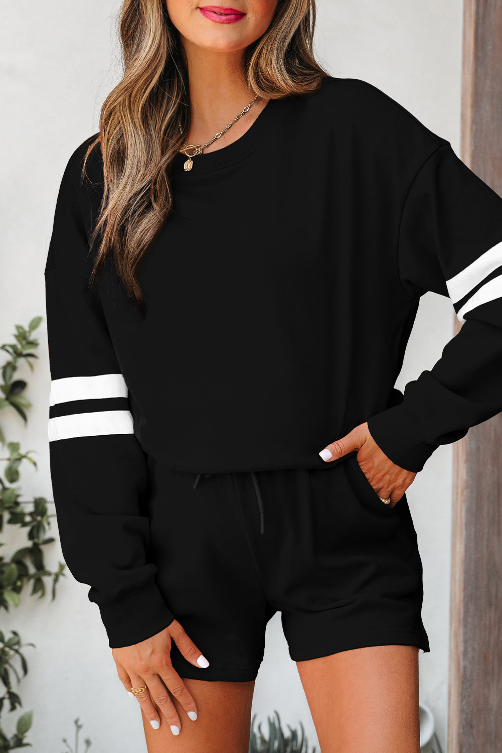 Activepologie Comfy Black Varsity Stripe Oversized Women's Sweatshirt & Shorts Outfit at LaurenNichole