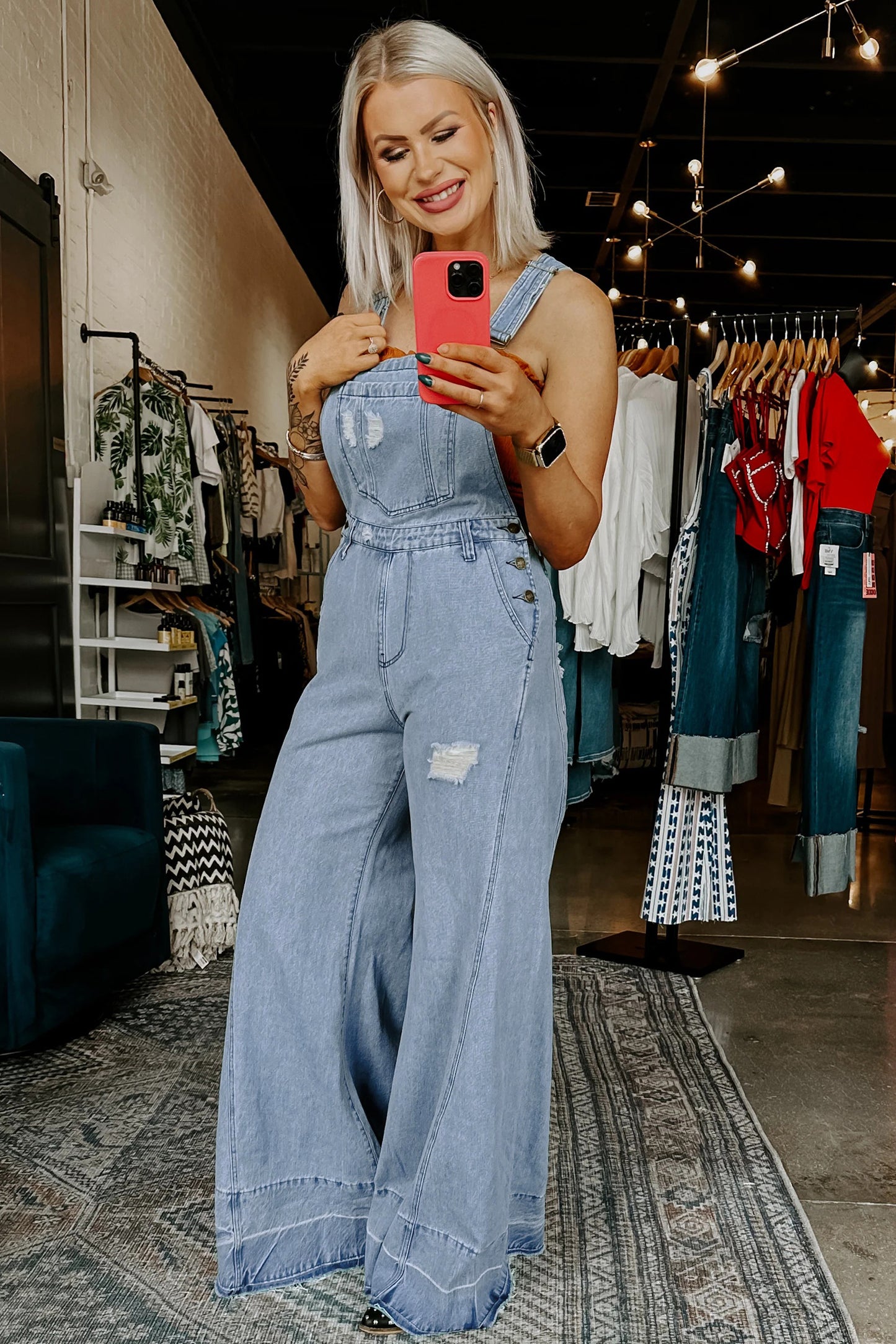 LaurenNichole Vintage Distressed Denim Wide-Legged Overall Jumpsuit