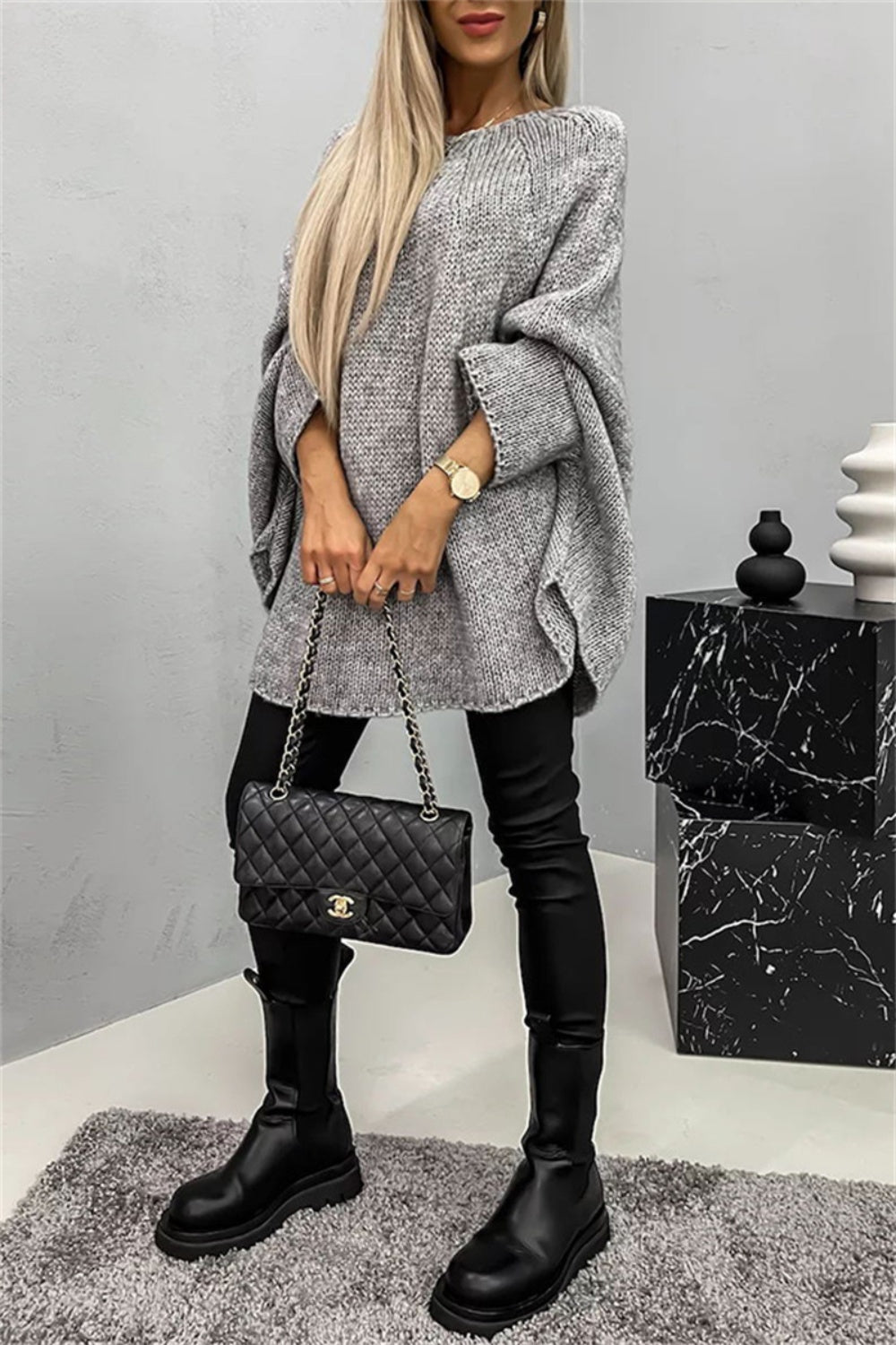 Elegant Round Neck Poncho Long Sleeve Sweater