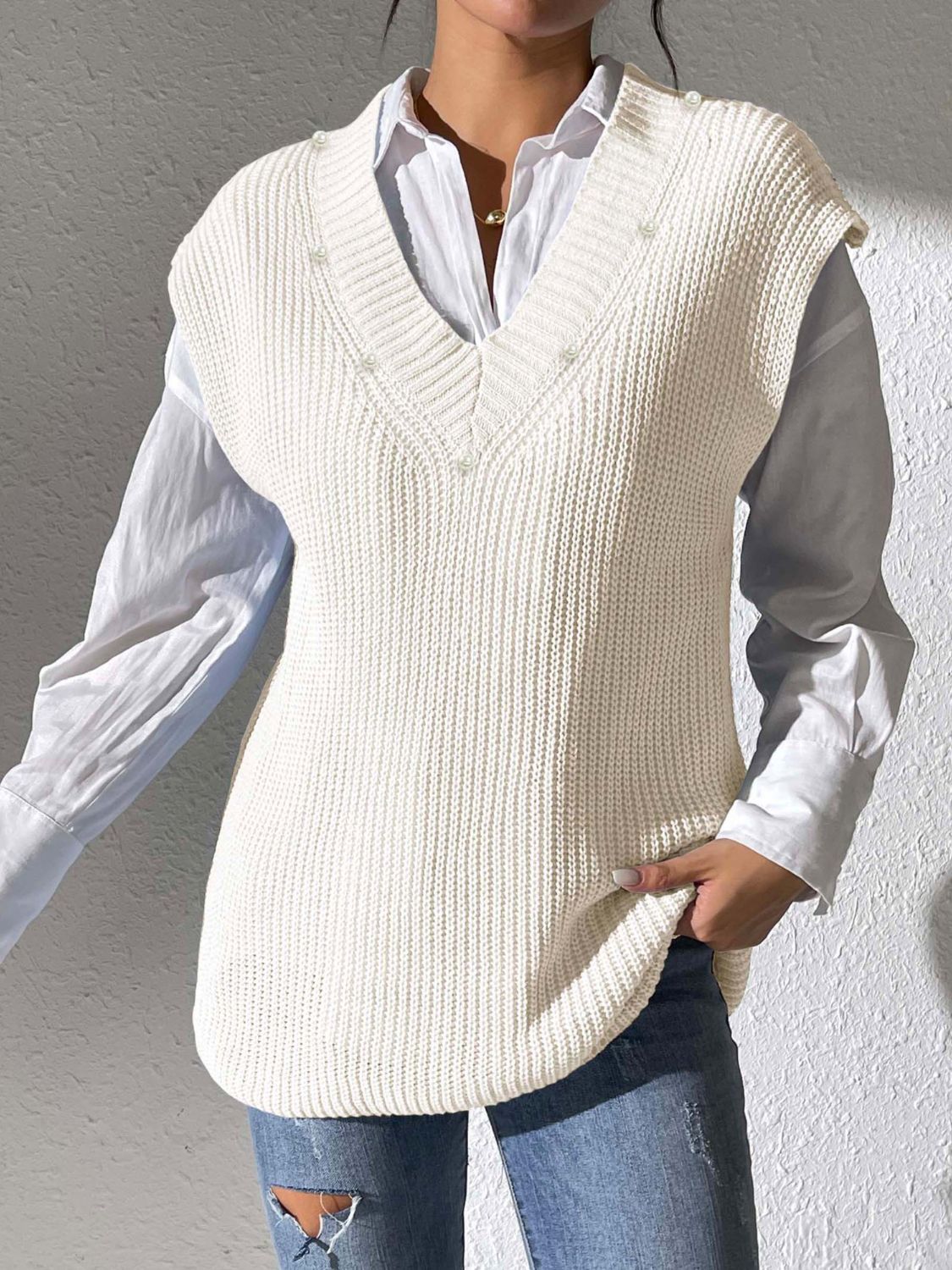 Classic Pearl V-Neck Sweater Vest in 5 Colors Onsize