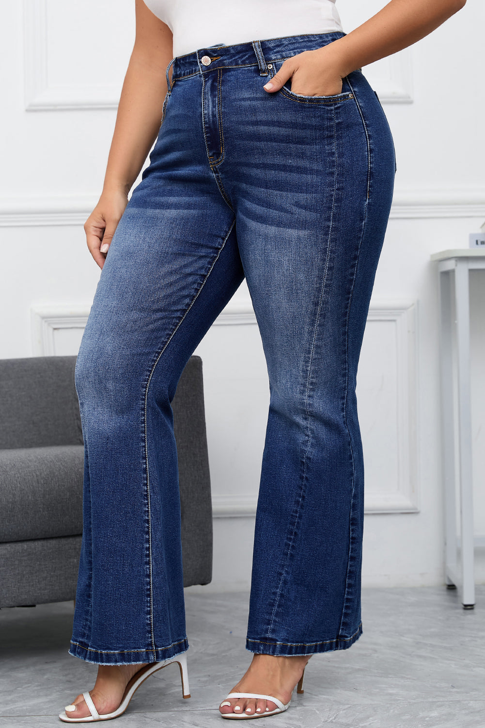 Dark Denim Blue Tailored Washed Flare Jeans (S - 2X)