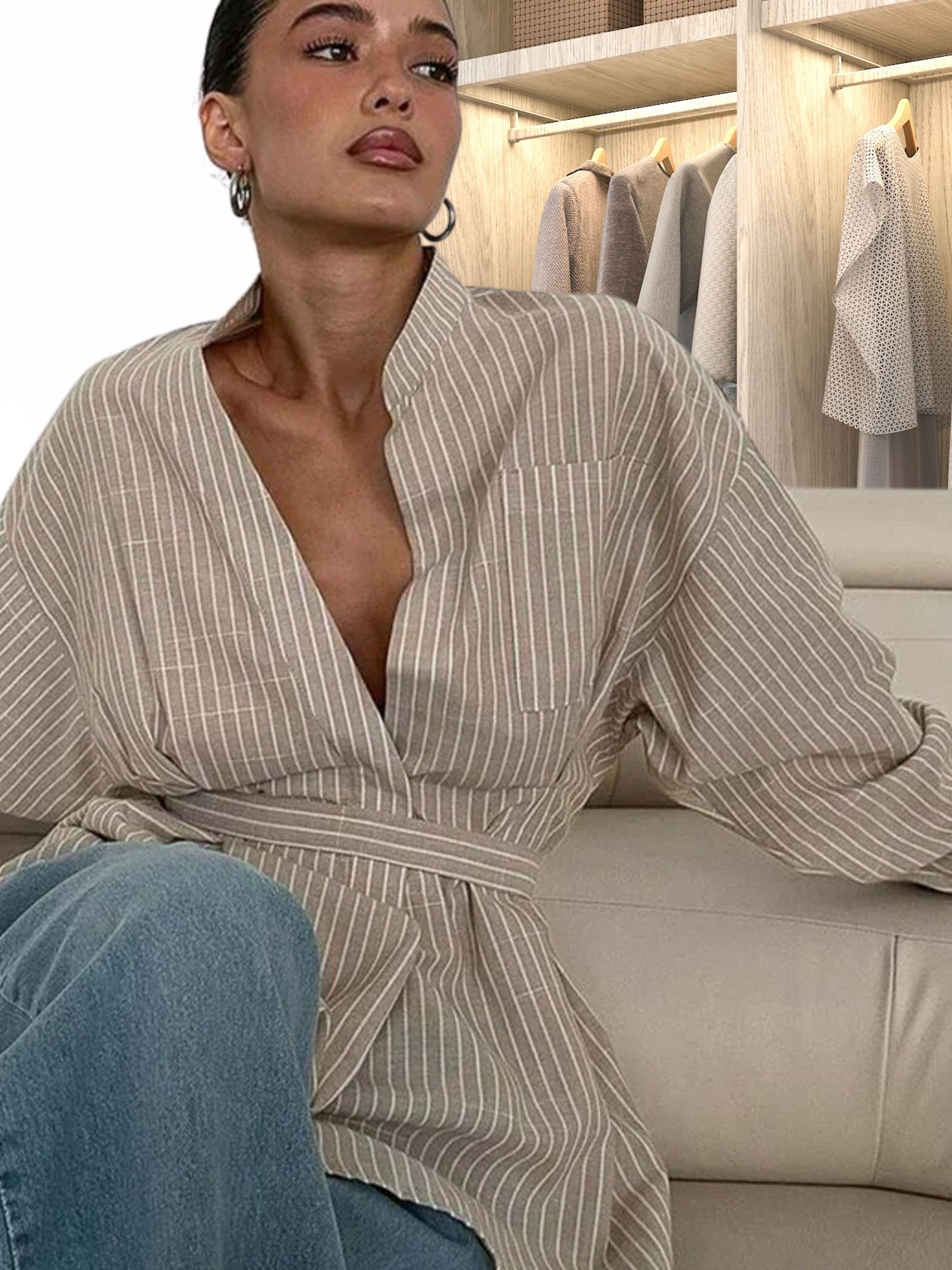 Classic Oversized Button-Up  Brown Pinstripe Shirt