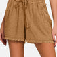 Washed Linen Frayed Hem Drawstring Shorts