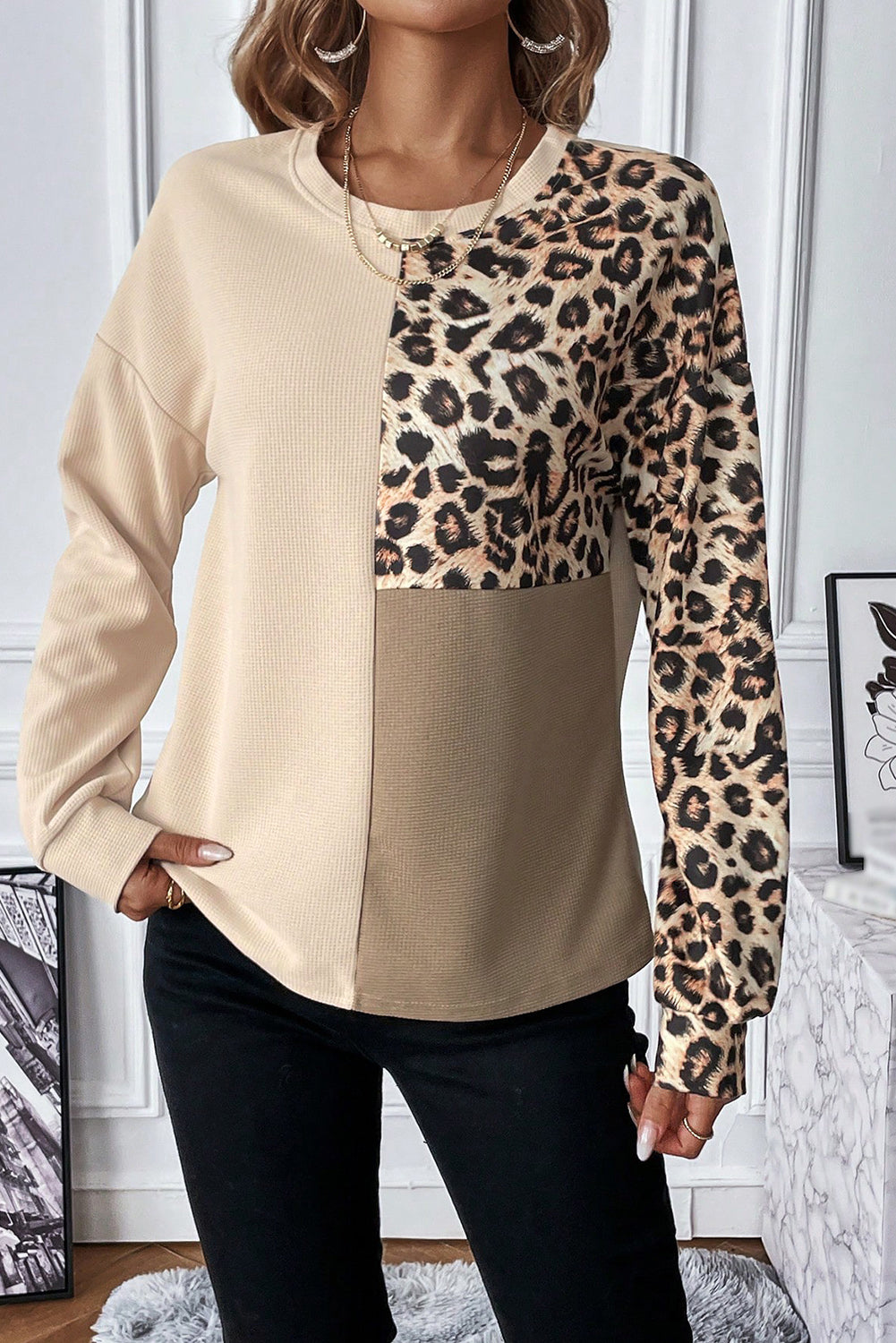 Leopard Color block Waffle Knit Shirt in 2 Colors