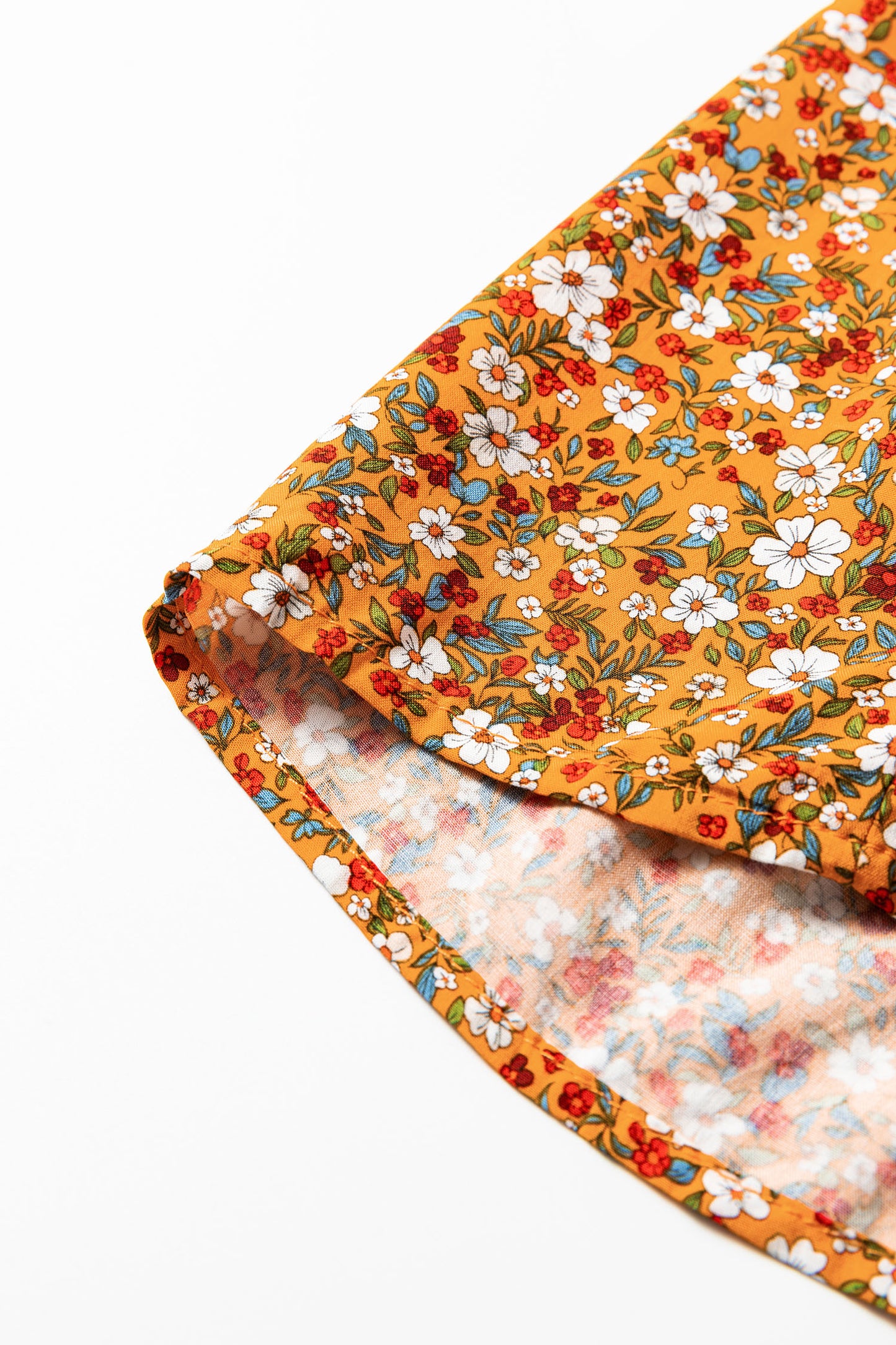 Orange Boho Floral Ruffled Bubble Sleeve V Neck Fall Blouse