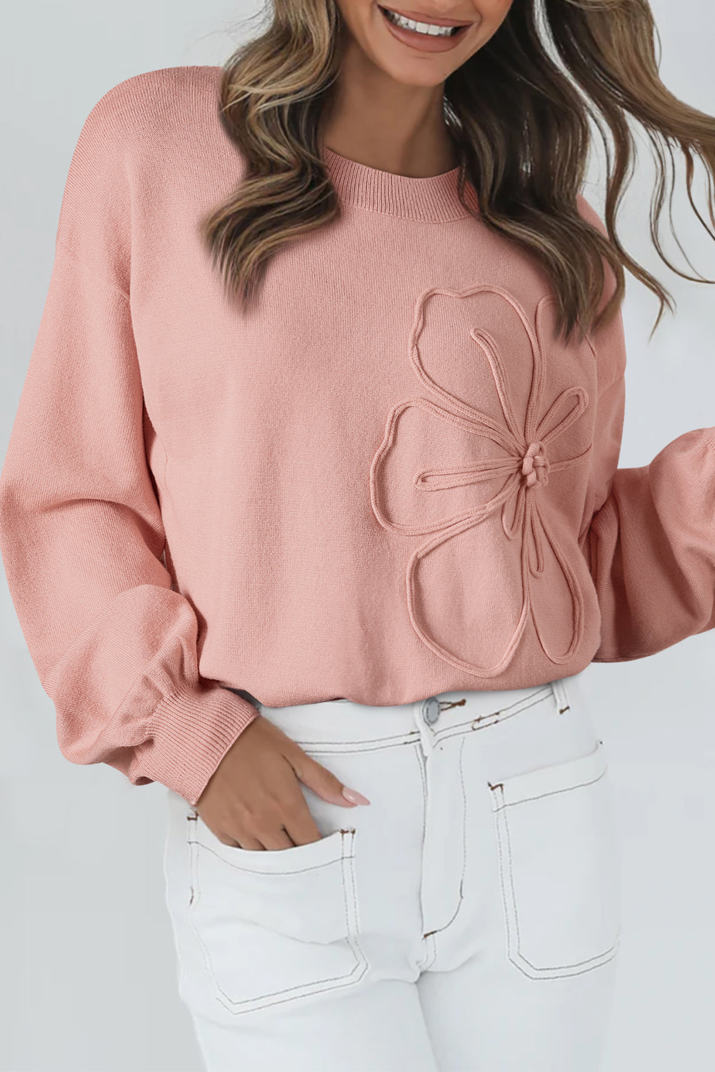 Cozy Flower Bishop Sleeve Knit Peach Sweater