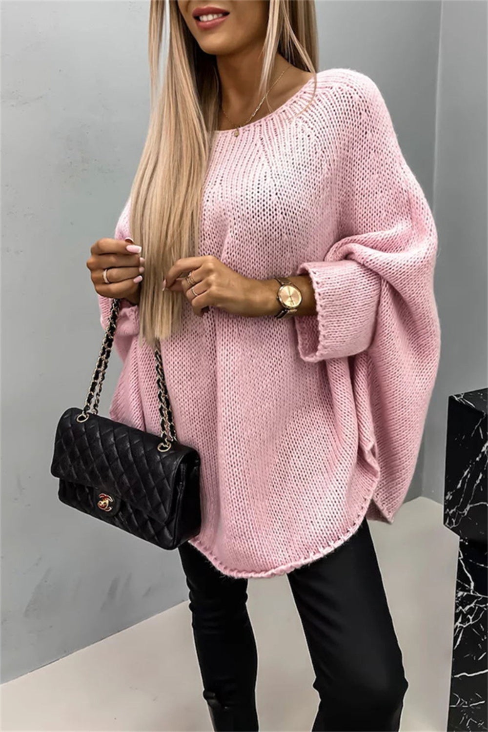 Elegant Round Neck Poncho Long Sleeve Sweater