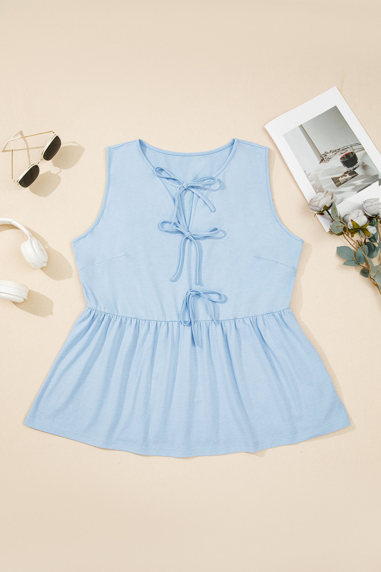 LaurenNichole Her Lux Curves Tie-Front Peplum Tank – Soft Stretch Bow Detail Top