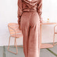 Comfy Peach Velvet Zip-Up Hoodie + Wide Leg Pants Outfit at LaurenNichole