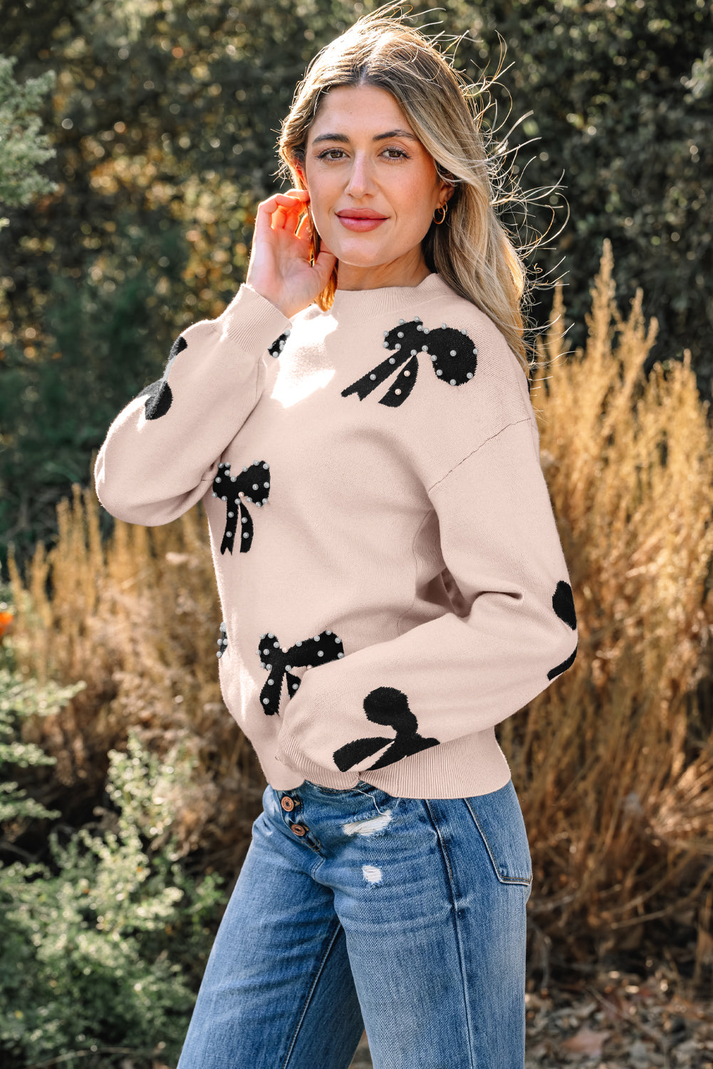 Classic Pearl Embellished Bow Knit Sweater