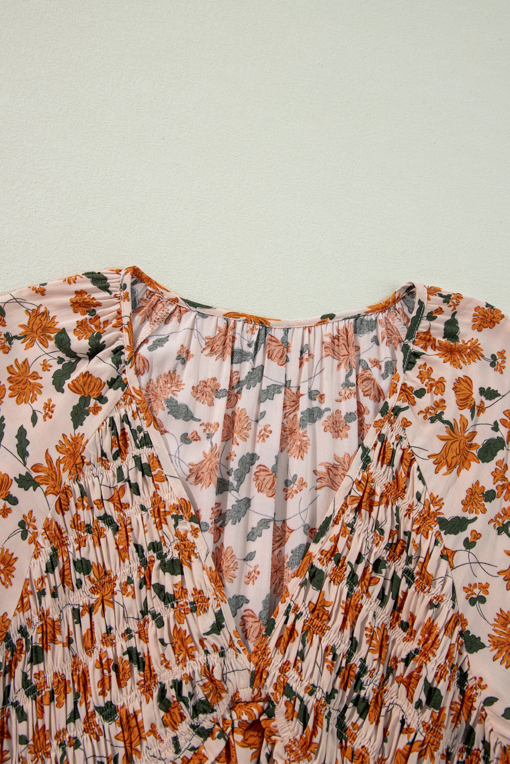 Beige Floral V Neck Smocked Bishop Sleeve Babydoll Dress