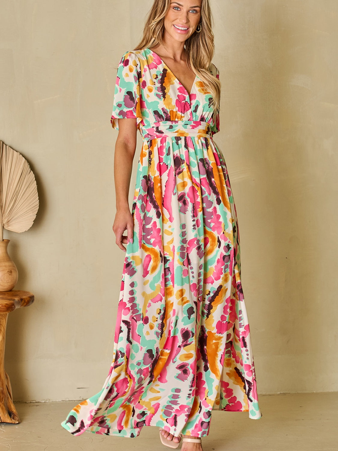 Classy V Neck Print Surplice Maxi Dress