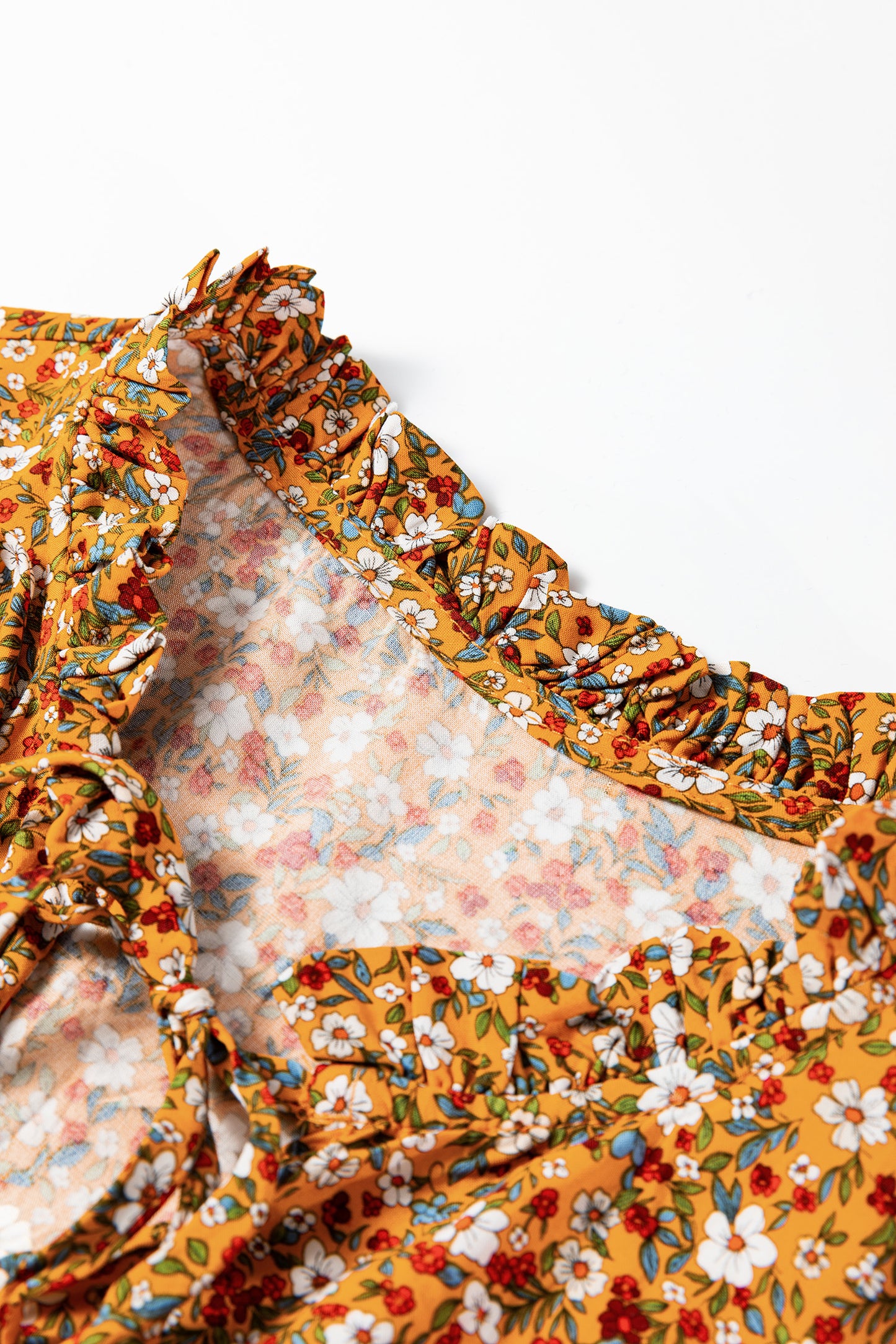 Orange Boho Floral Ruffled Bubble Sleeve V Neck Fall Blouse