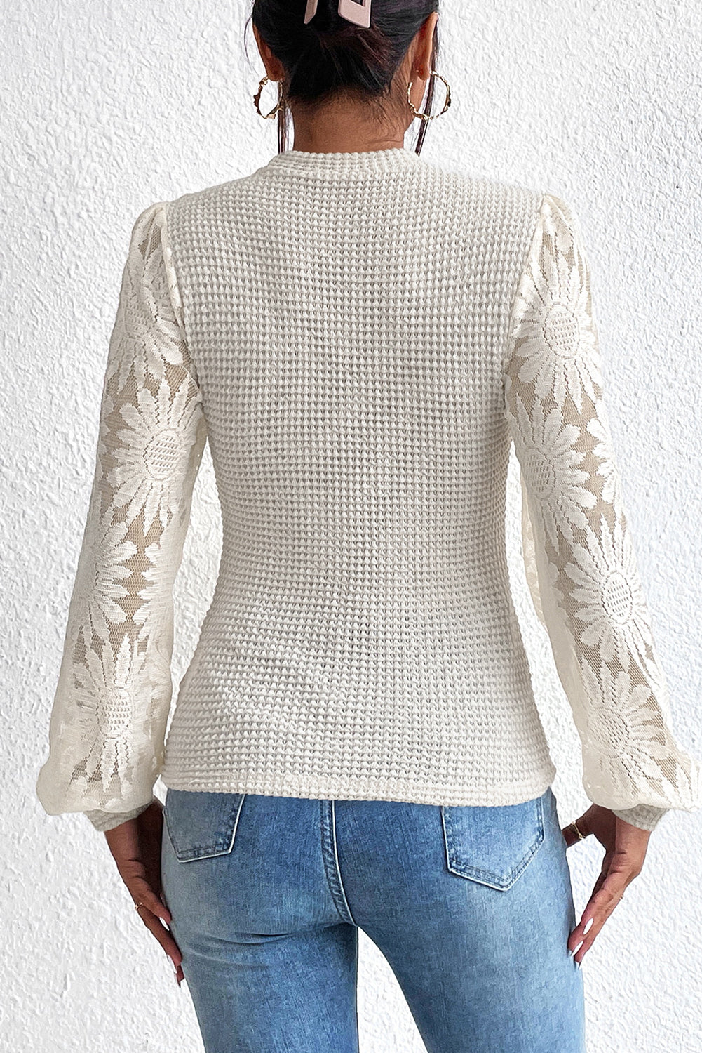 Elegant Sunflower Mesh Sleeve Waffle Knit Shirt