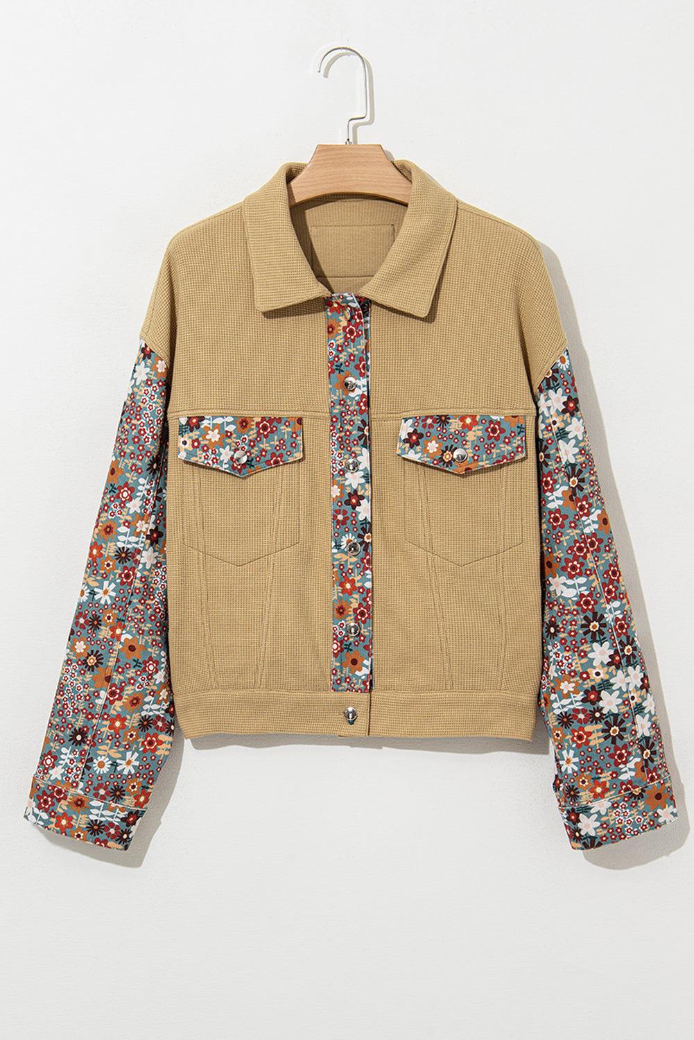 Khaki Floral Waffle Knit Colorblock Button up Jacket