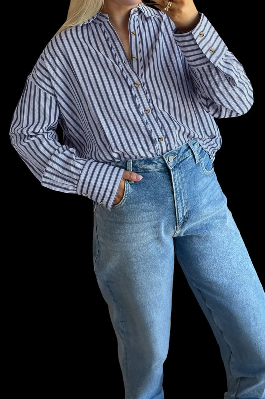 Blue Stripe Button Down Shirt Women Long Sleeve Blouse Casual Loose Fit Shirt
