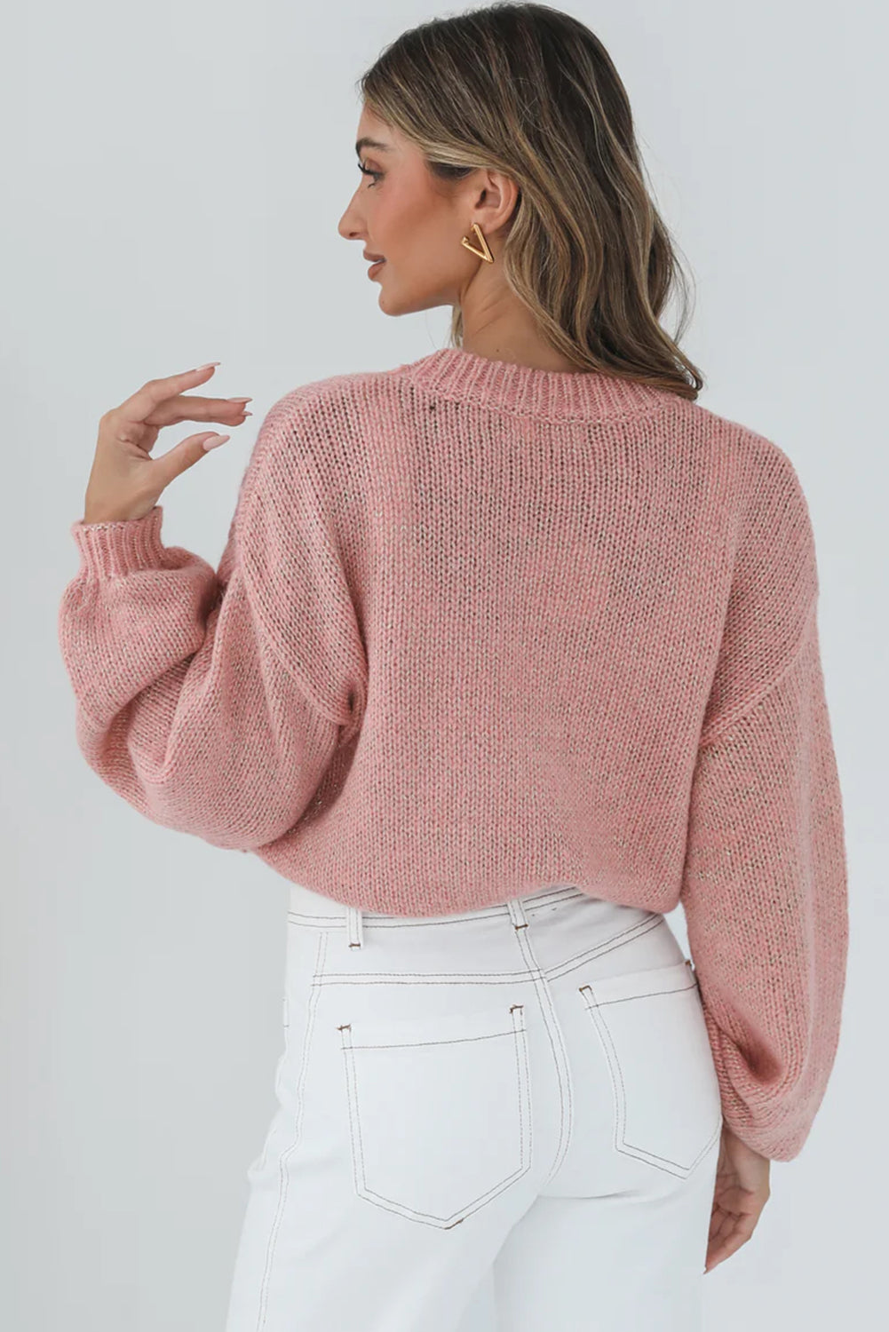 Cozy Flower Bishop Sleeve Knit Peach Sweater