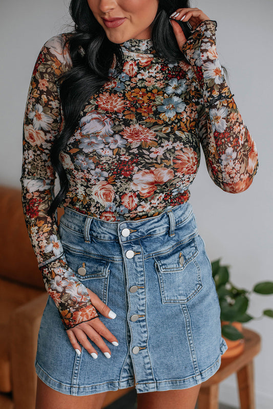 Elegant Floral High Neck Mesh Blouse