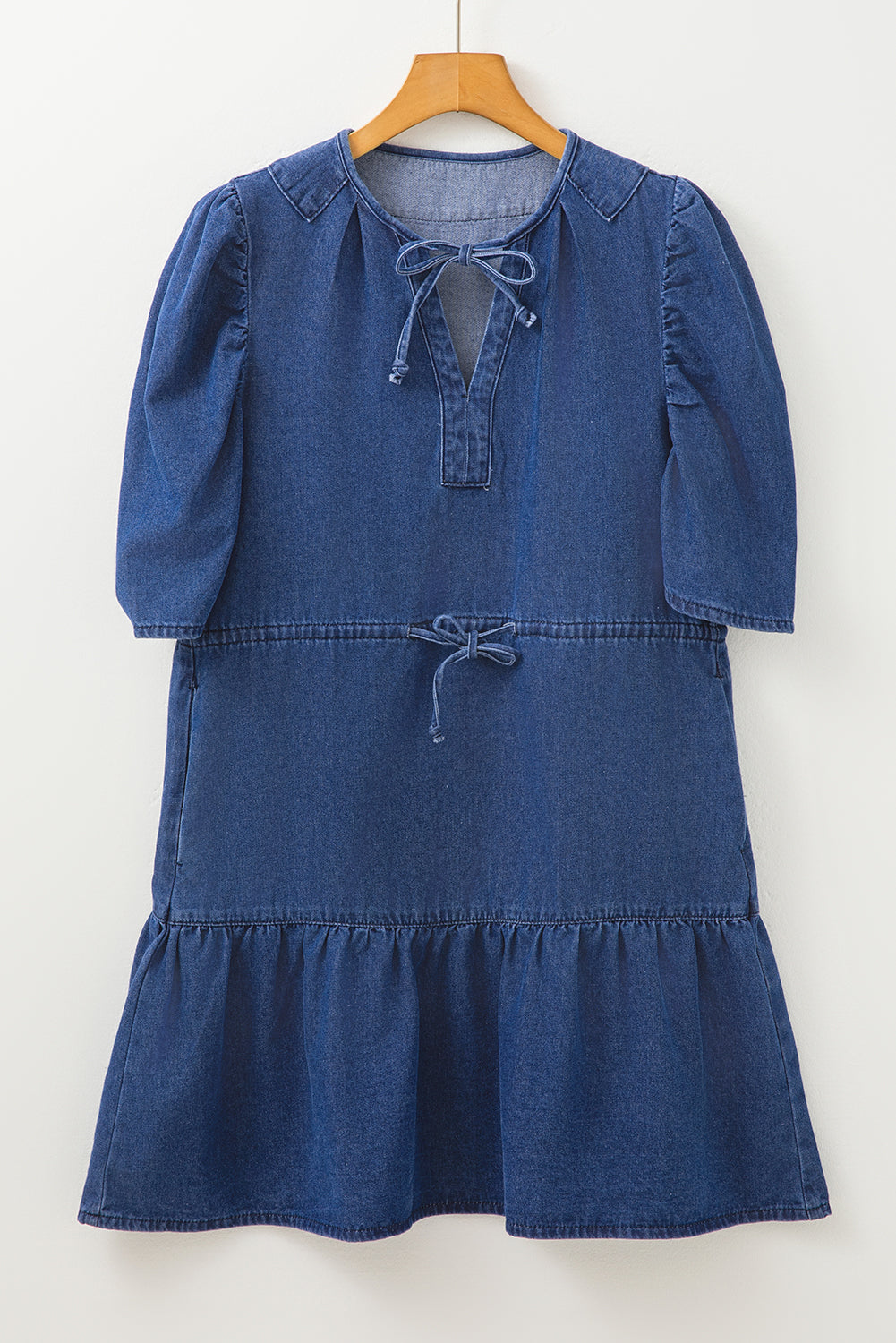 Chic Puff Sleeve Tie Waist Denim Dress