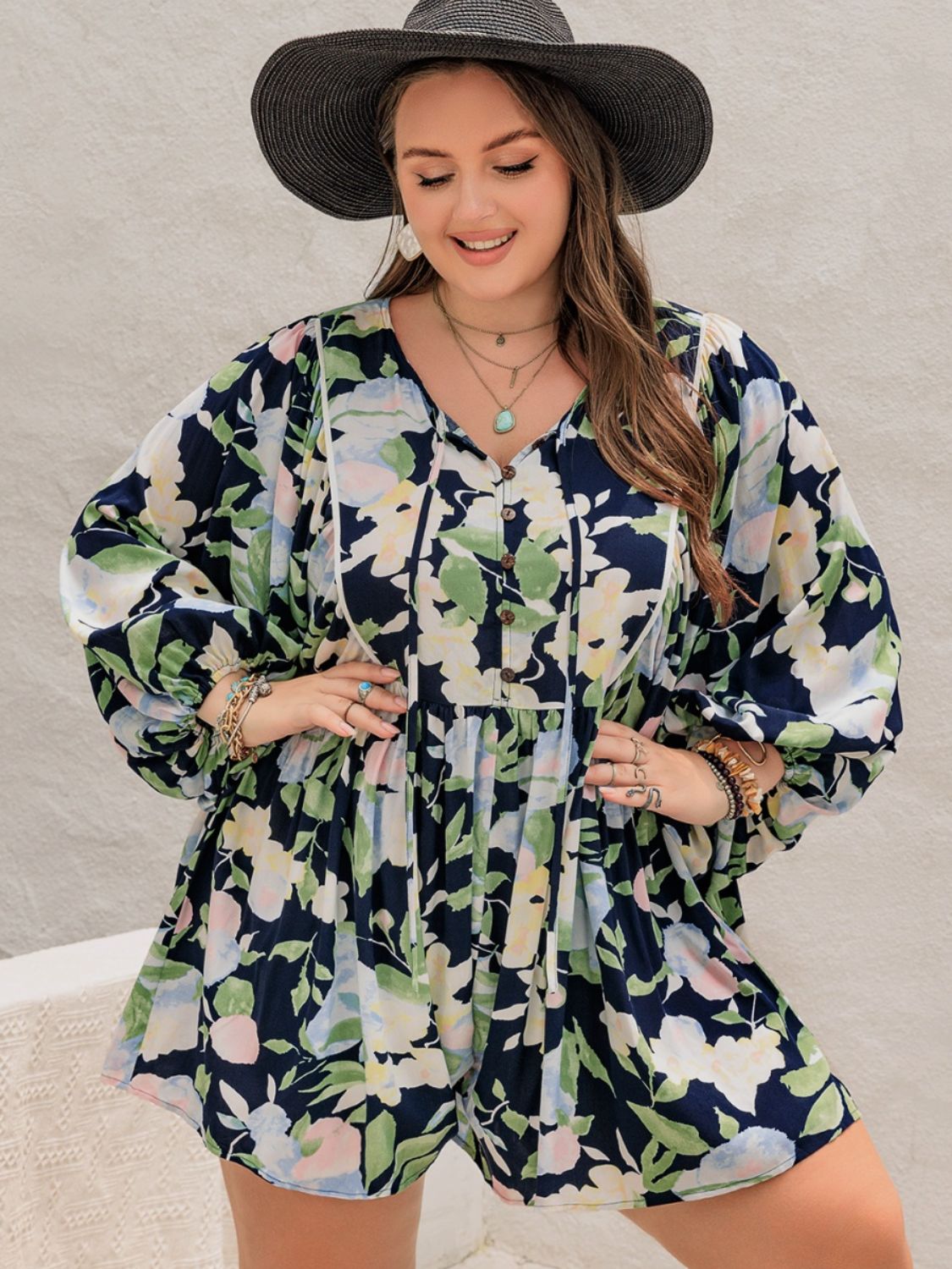 Floral Tie Neck Long Sleeve Romper (XL - 4X)