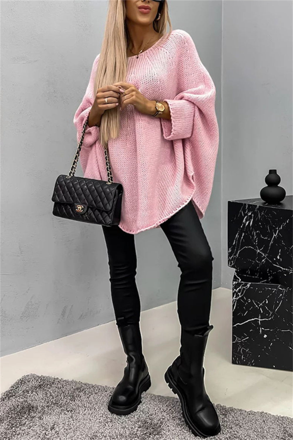 Elegant Round Neck Poncho Long Sleeve Sweater