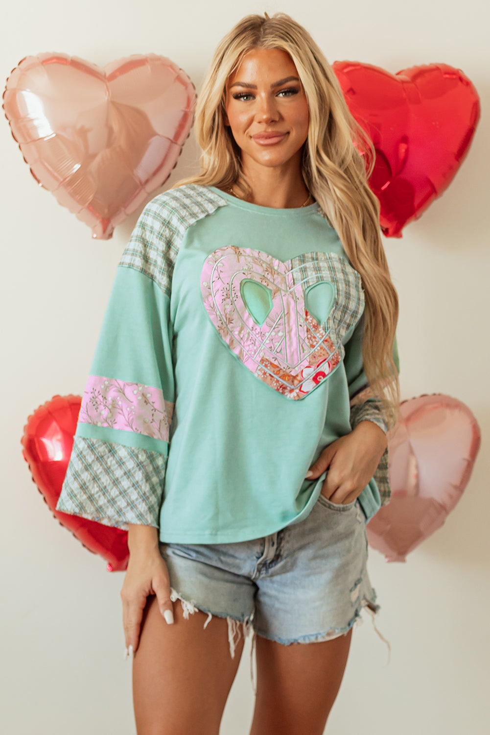 Plaid Floral Love Peace Bishop Sleeve Shirt S - 3X