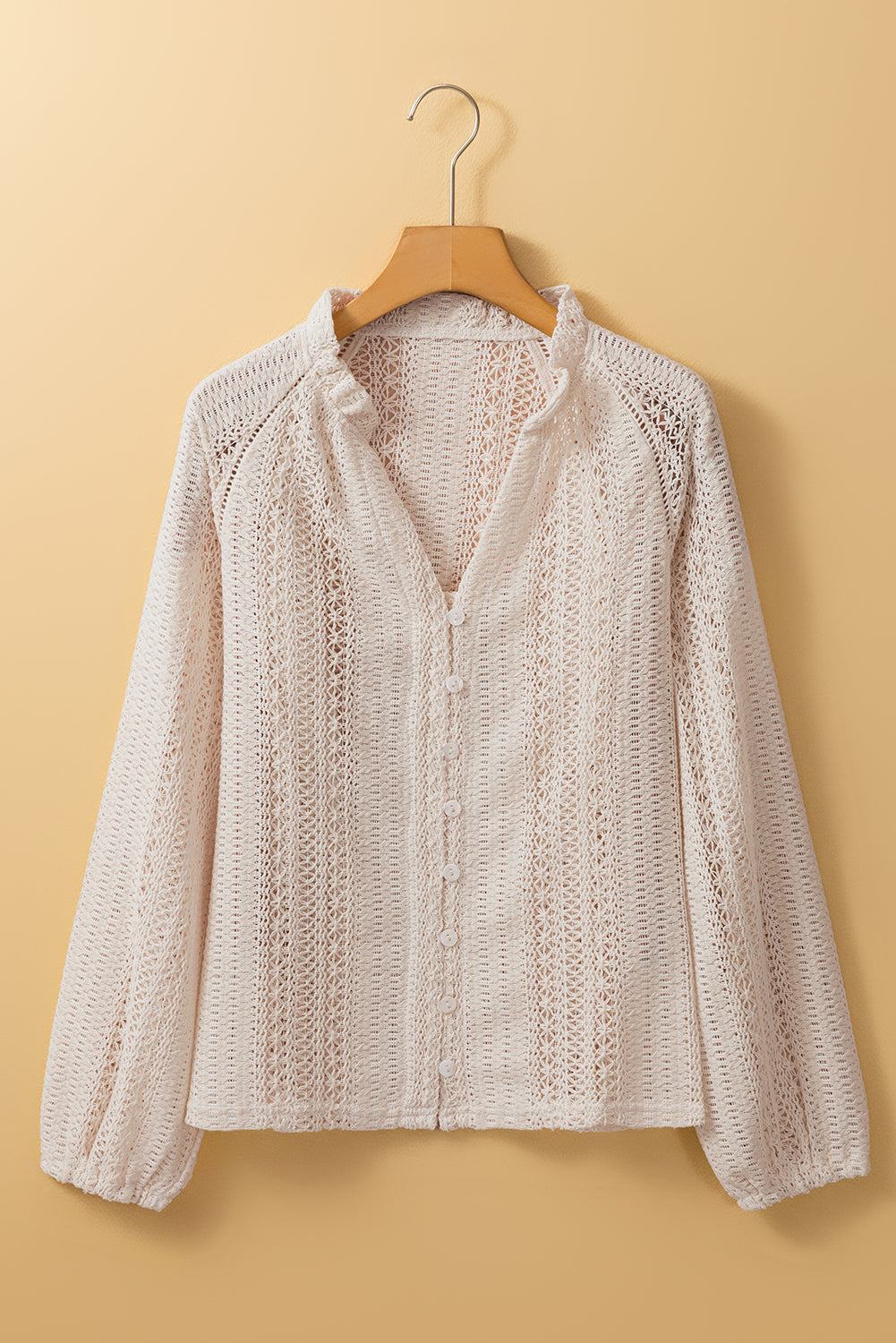 White Lace Hollow Puff Sleeve Button Up Shirt