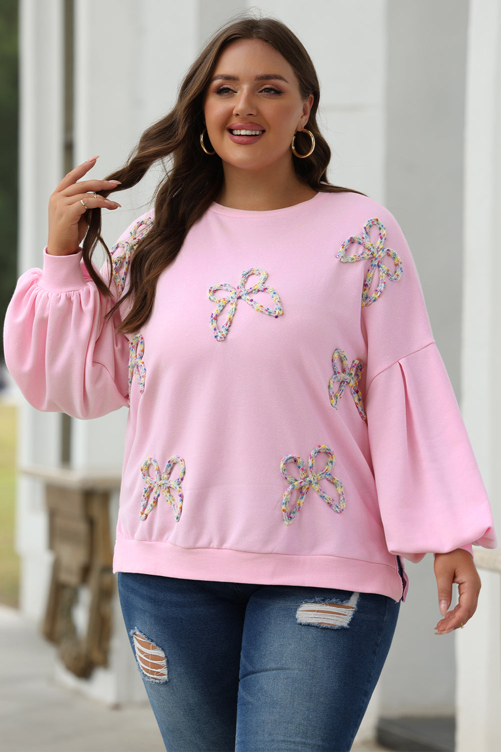 Embroidered Bow Lantern Sleeve Sweatshirt in 2 Colors (S - 3X)